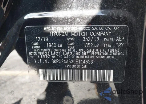 2020 Hyundai Accent Se z USA, uszkodzony, nr VIN 3KPC24A63LE114653
